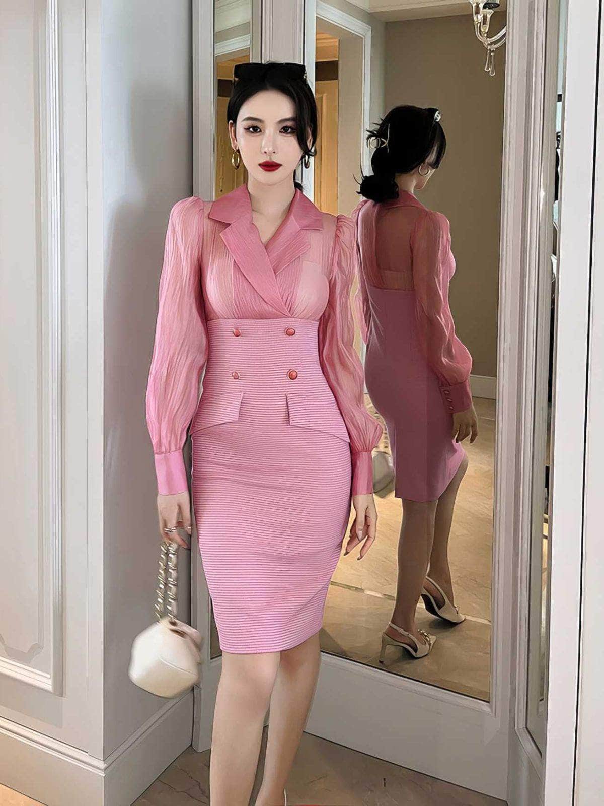 Sheer Sleeves Double Button Blazer Dress S / Pink
