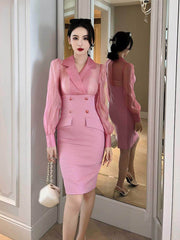 Sheer Sleeves Double Button Blazer Dress S / Pink