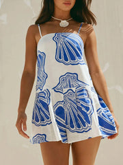 Shell Print Sleeveless Summer Mini Dress Blue / S