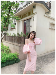 Shimmering Off shoulder Puff sleeve Column Gown