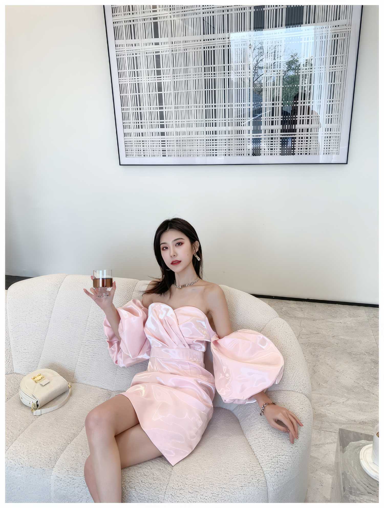 Shimmering Off shoulder Puff sleeve Column Gown