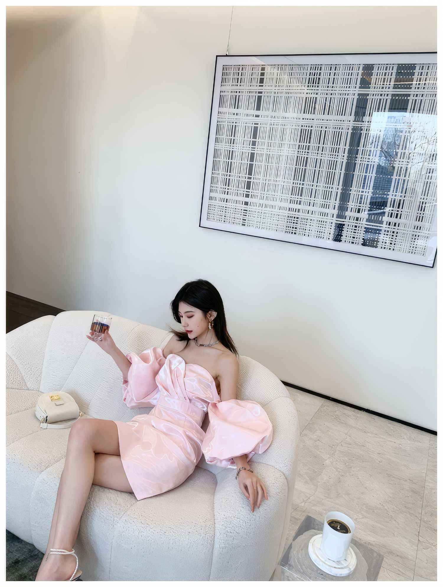 Shimmering Off shoulder Puff sleeve Column Gown
