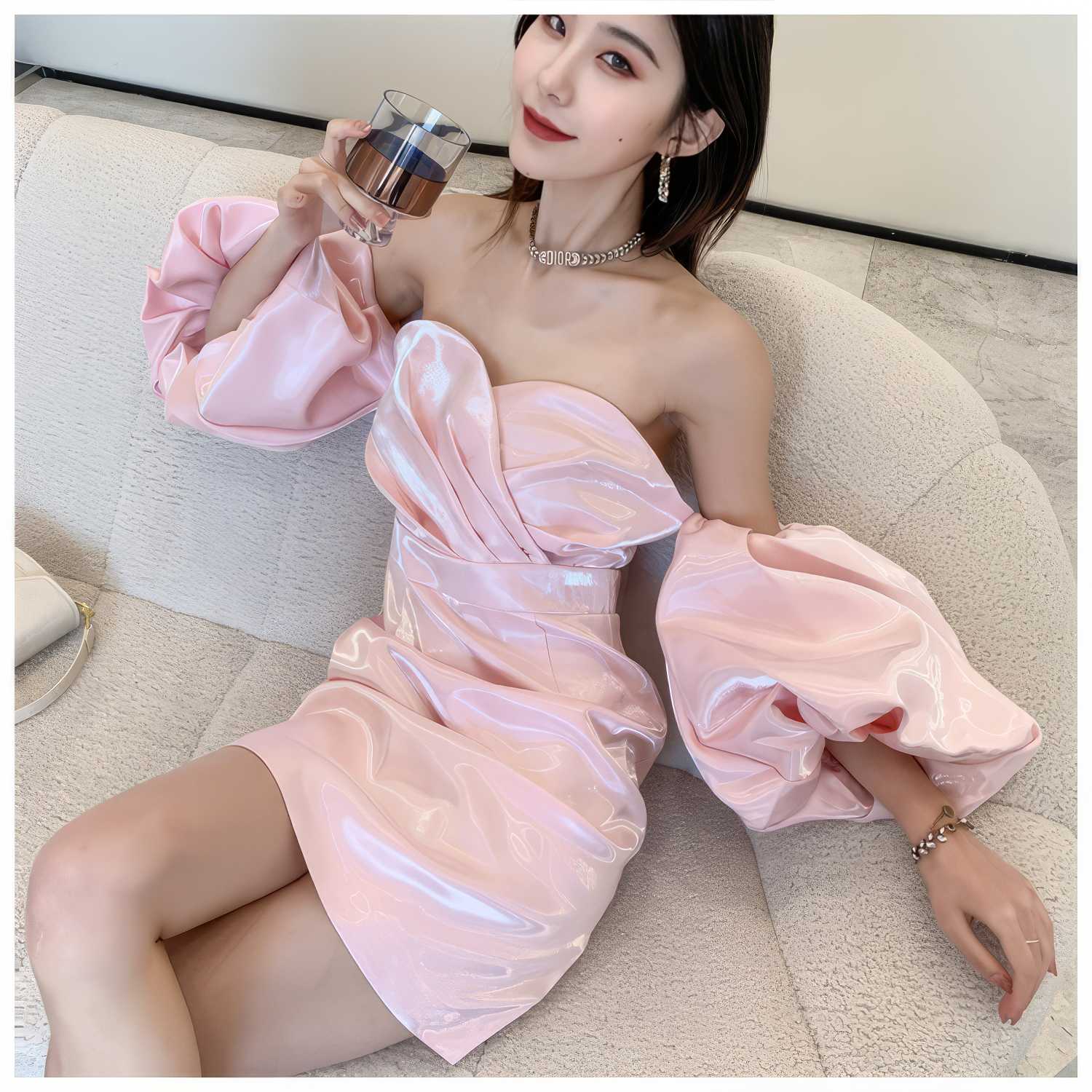 Shimmering Off shoulder Puff sleeve Column Gown