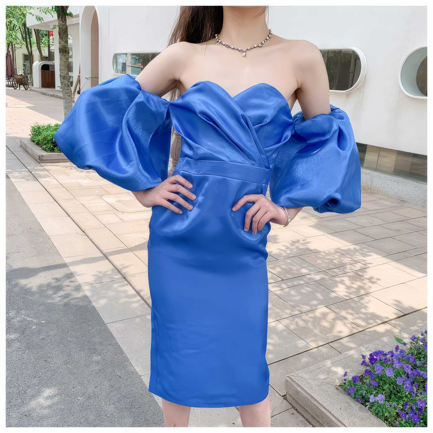 Shimmering Off shoulder Puff sleeve Column Gown