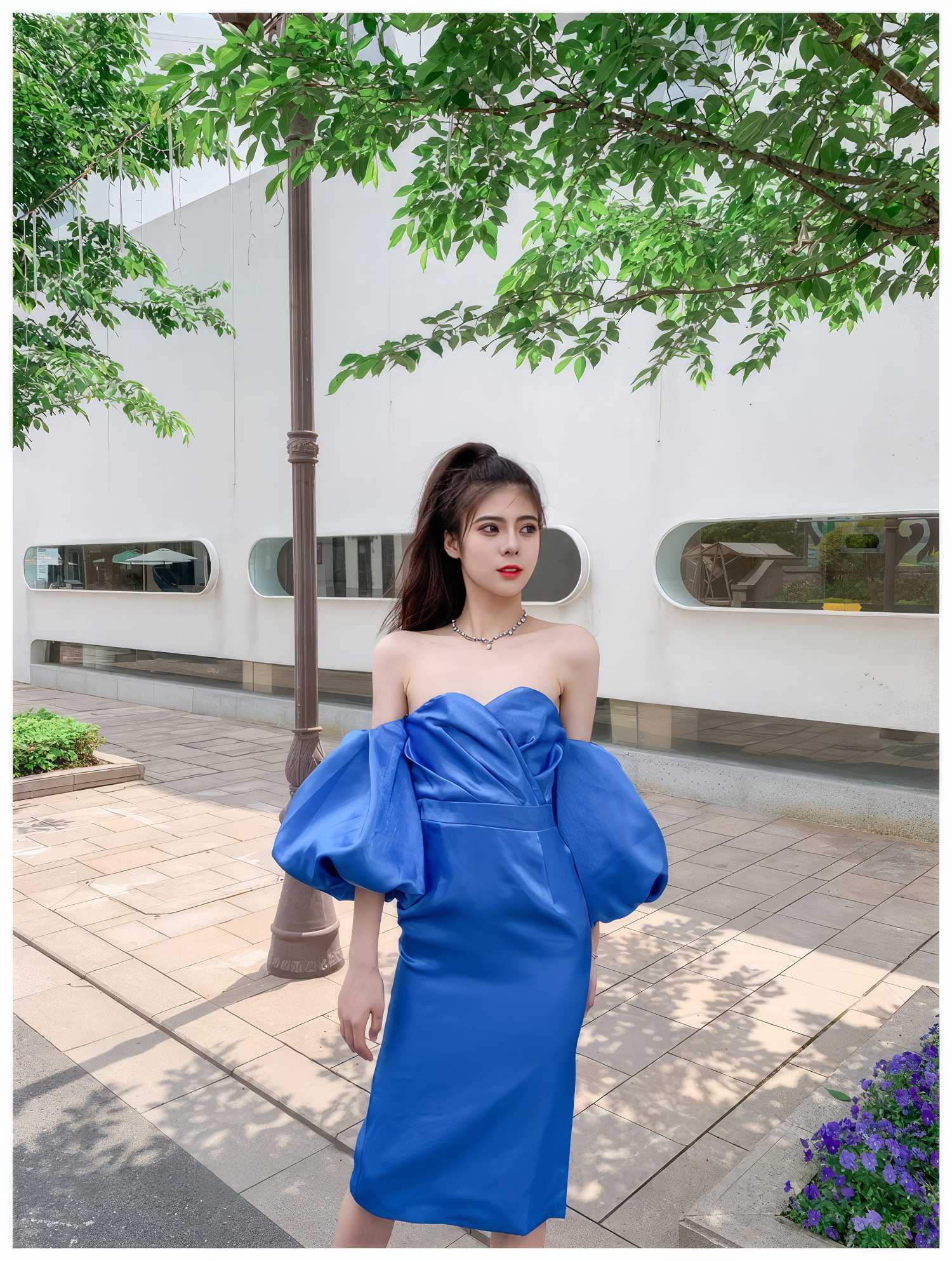 Shimmering Off shoulder Puff sleeve Column Gown