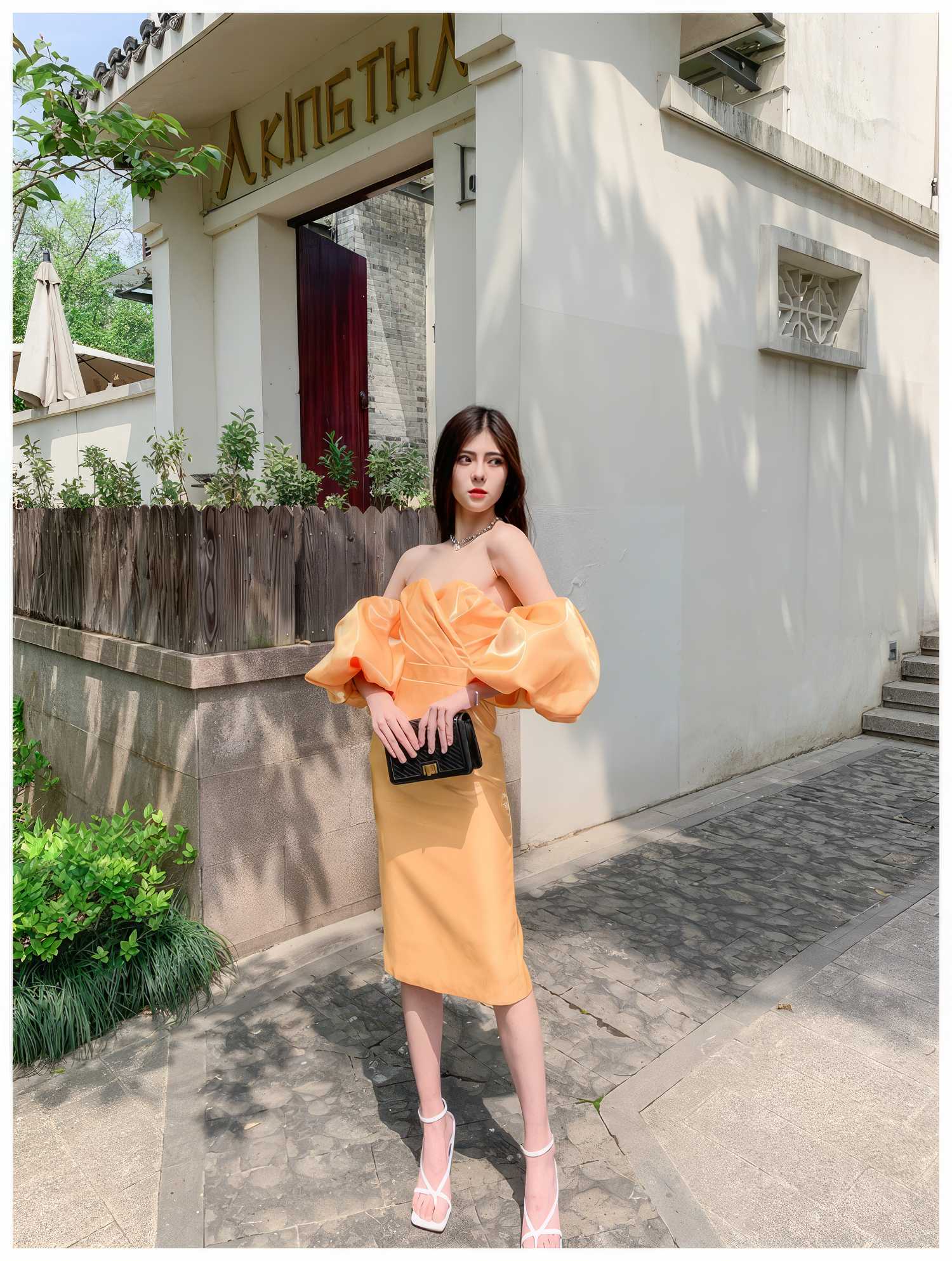 Shimmering Off shoulder Puff sleeve Column Gown