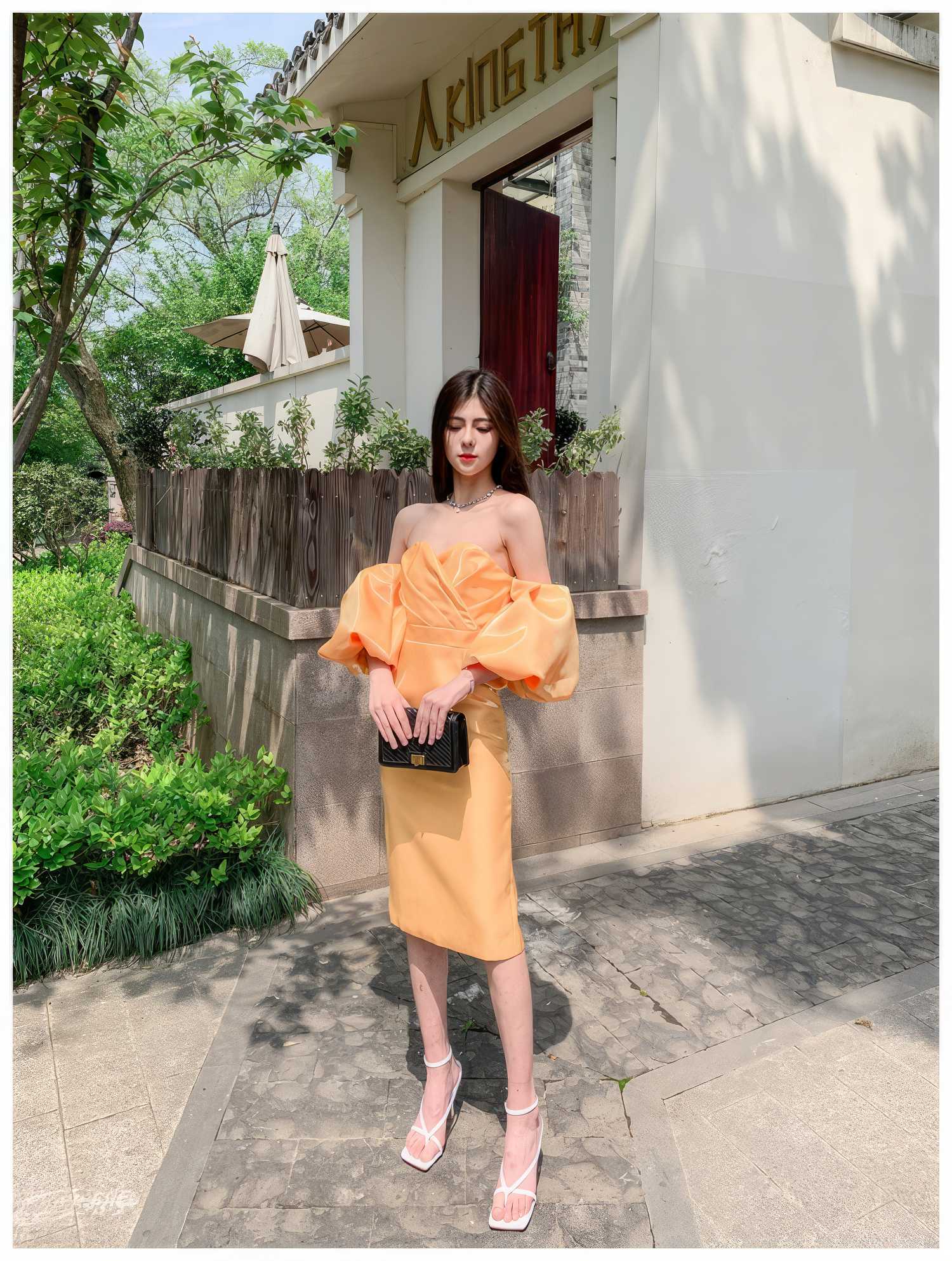 Shimmering Off shoulder Puff sleeve Column Gown
