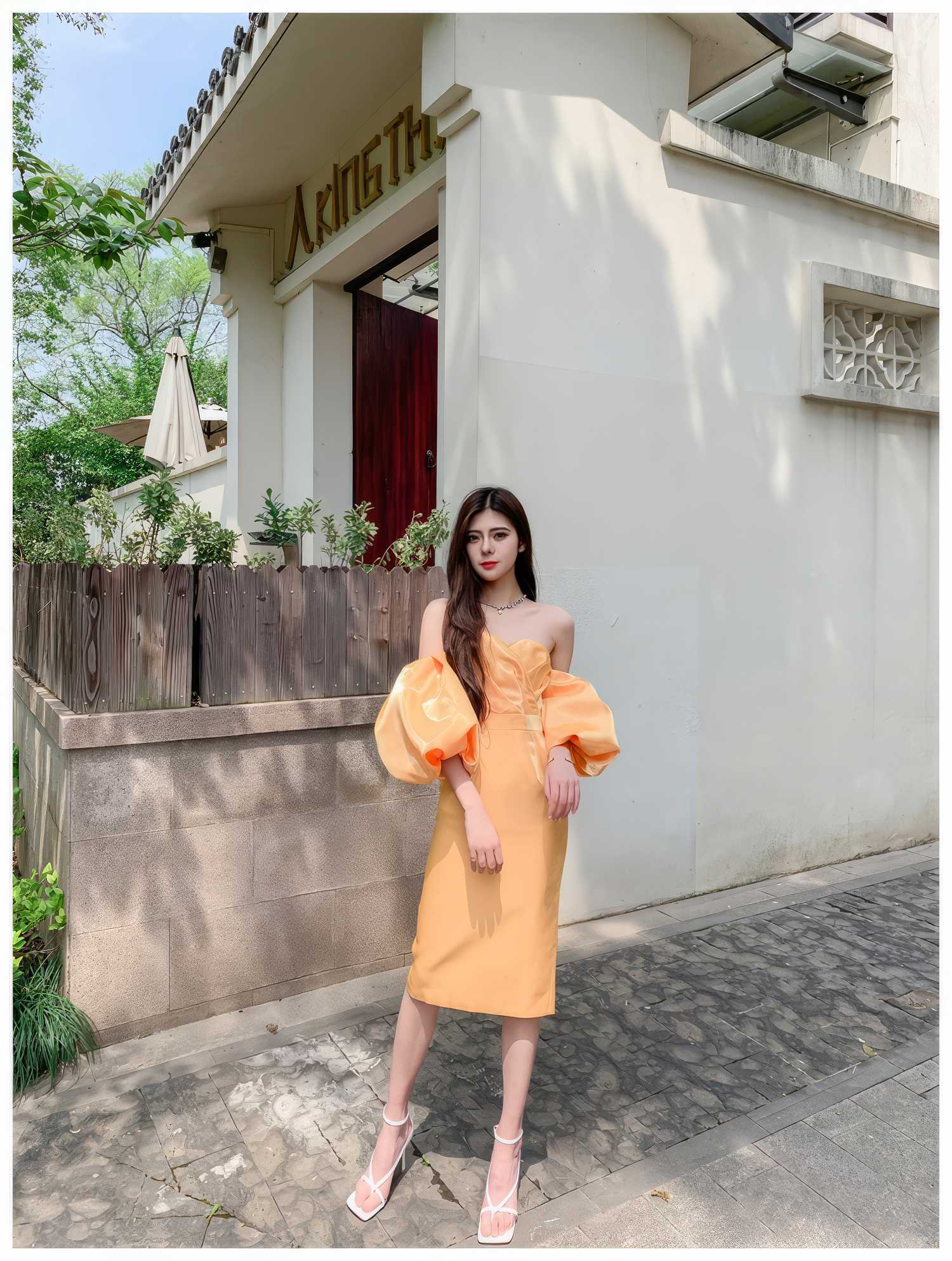 Shimmering Off shoulder Puff sleeve Column Gown