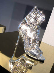 Shining Rhinestone Ankle Boots Heels EU 33 / Silver / 7.5CM