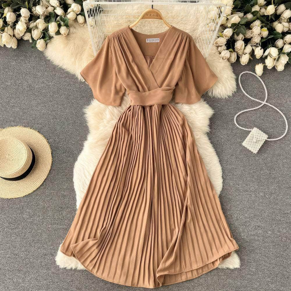 Short Flared Sleeves V-neck Pleated Hem Dress MAX SIZE / BurlyWood / With Belt