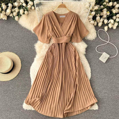 Short Flared Sleeves V-neck Pleated Hem Dress MAX SIZE / BurlyWood / With Belt
