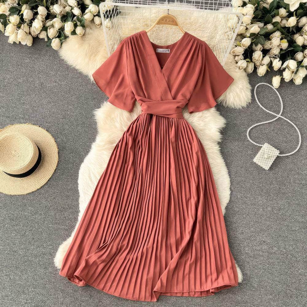 Short Flared Sleeves V-neck Pleated Hem Dress MAX SIZE / IndianRed / With Belt