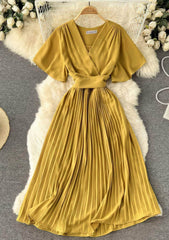 Short Flared Sleeves V-neck Pleated Hem Dress MAX SIZE / Yellow / With Belt