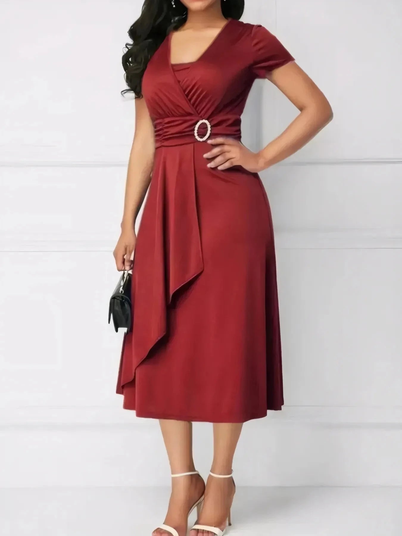 Short Sleeve Midi Wrap Dress with Belt Detail Scarlet / S