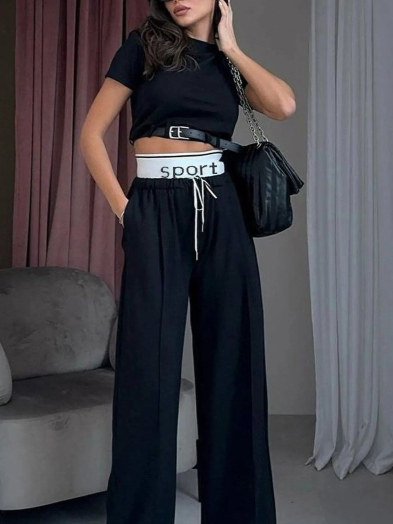 Short Sleeve Top and Wide Leg Pants Set