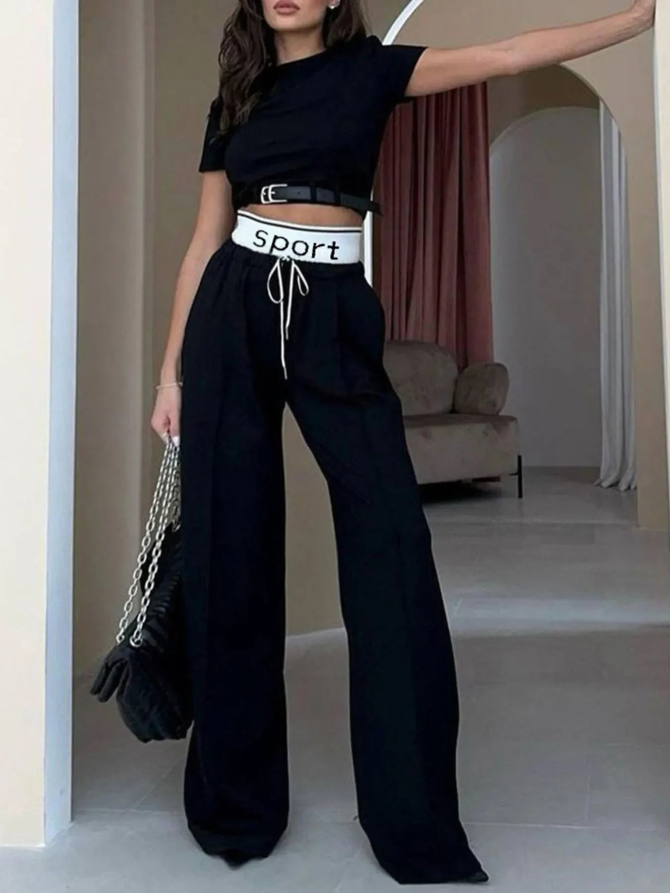 Short Sleeve Top and Wide Leg Pants Set
