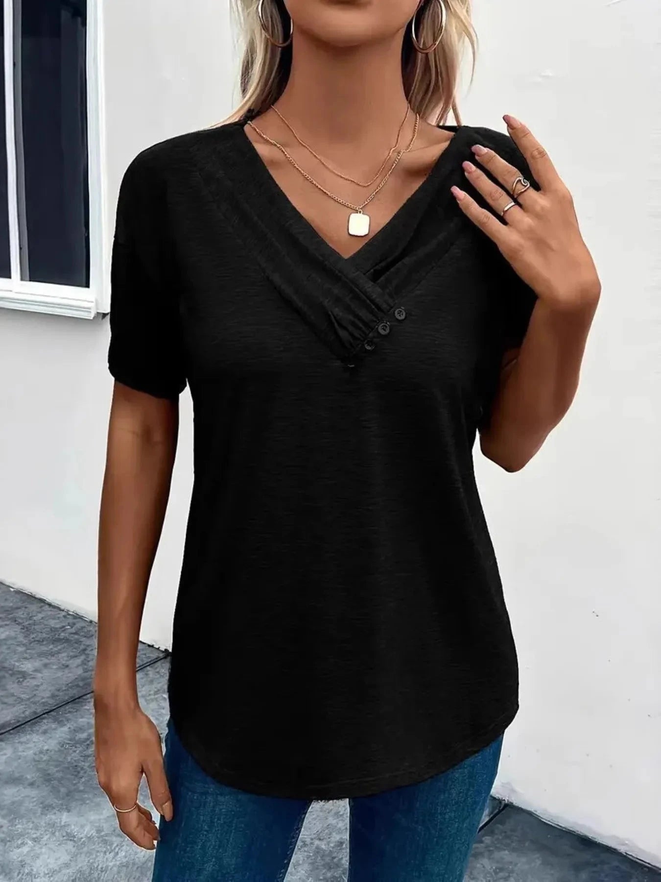 Short Sleeve V-Neck Ruched T-Shirt