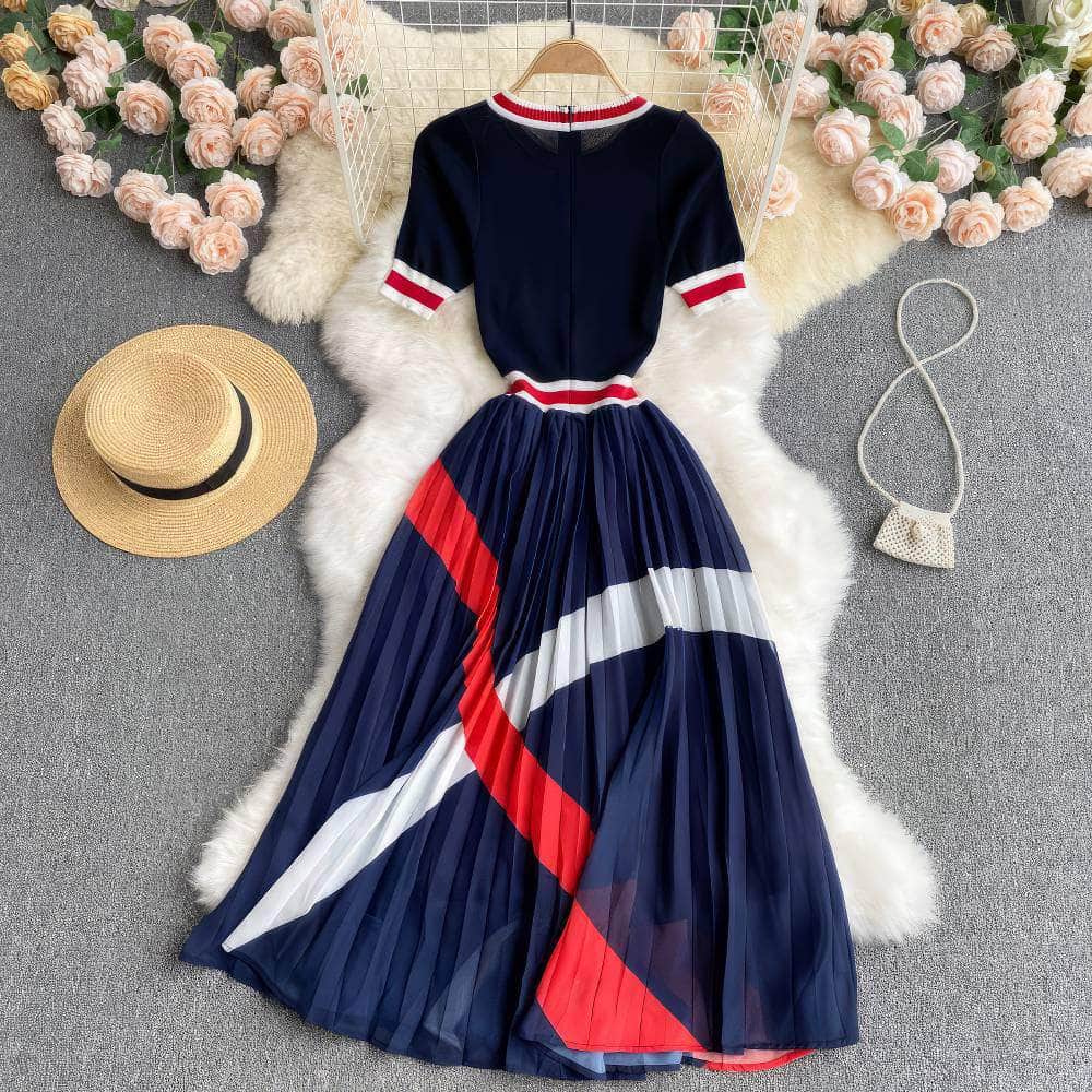Short Sleeves Knit Top Pleated Chiffon Dress