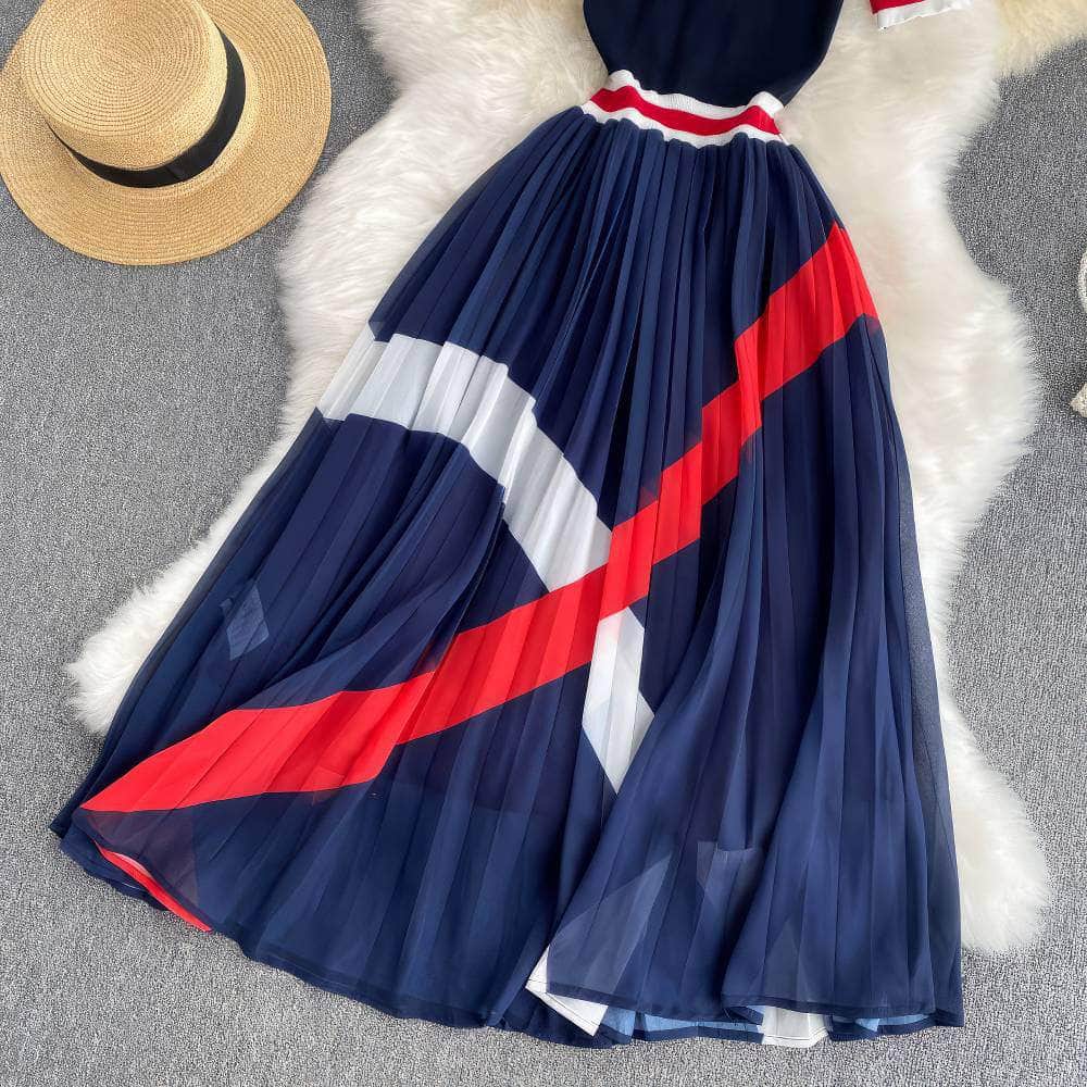 Short Sleeves Knit Top Pleated Chiffon Dress