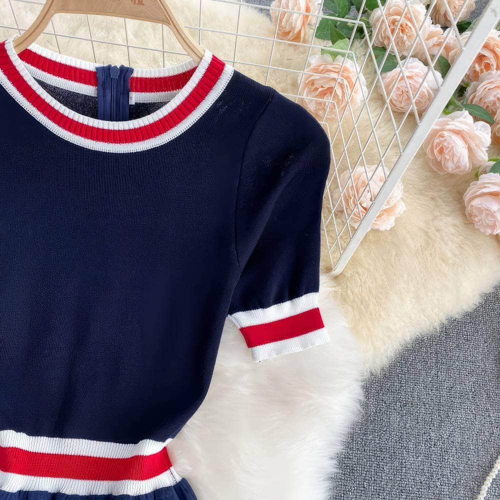 Short Sleeves Knit Top Pleated Chiffon Dress