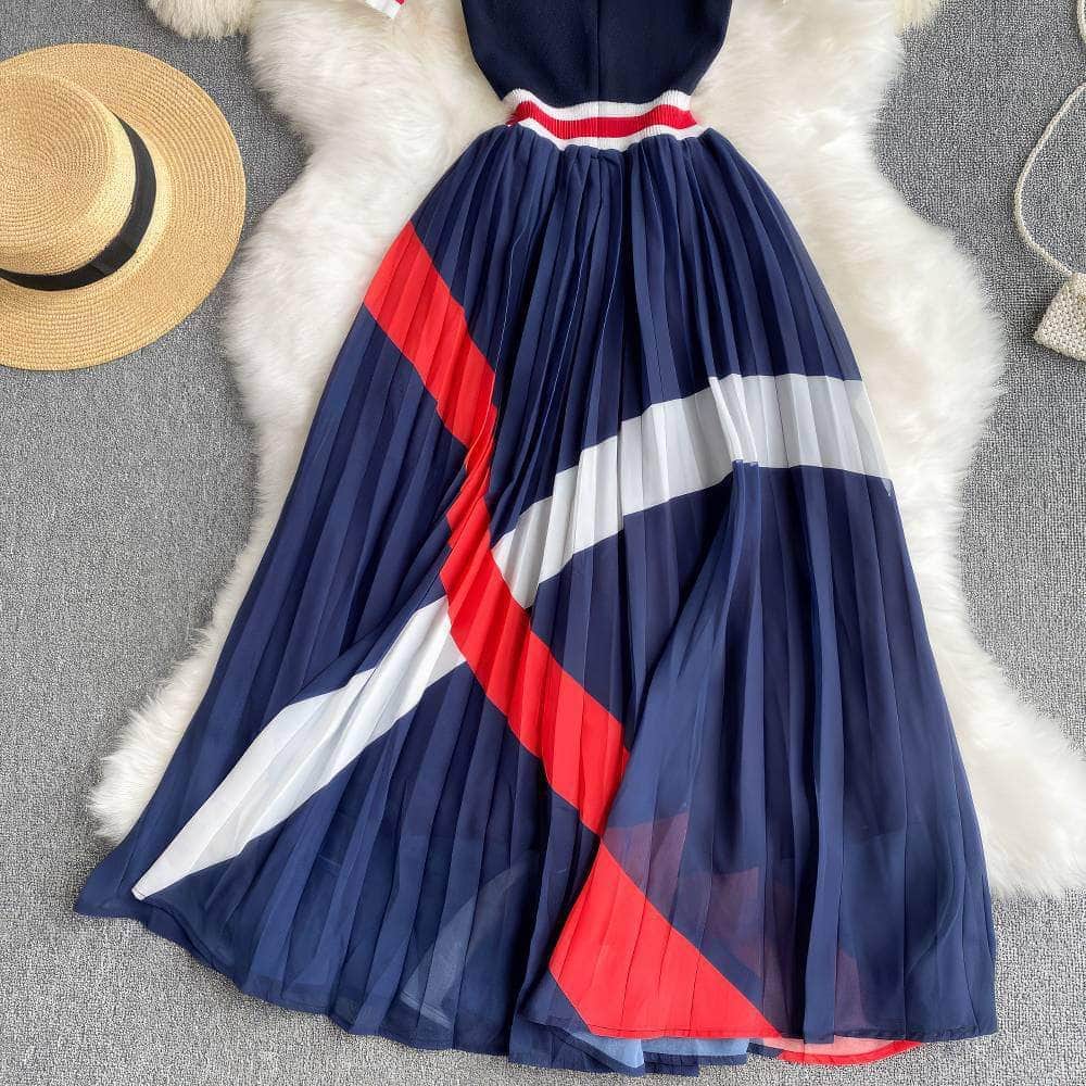 Short Sleeves Knit Top Pleated Chiffon Dress