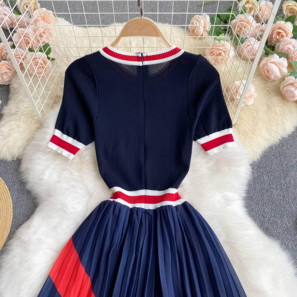 Short Sleeves Knit Top Pleated Chiffon Dress
