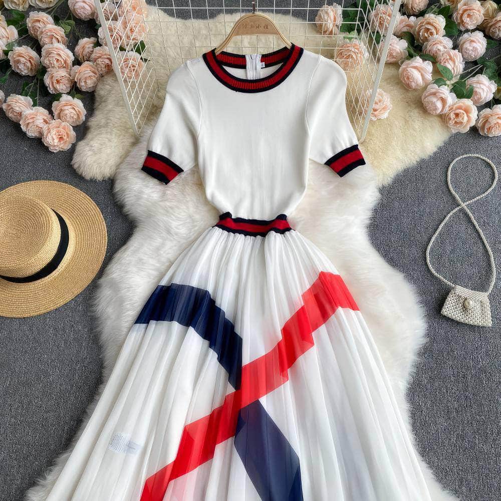 Short Sleeves Knit Top Pleated Chiffon Dress