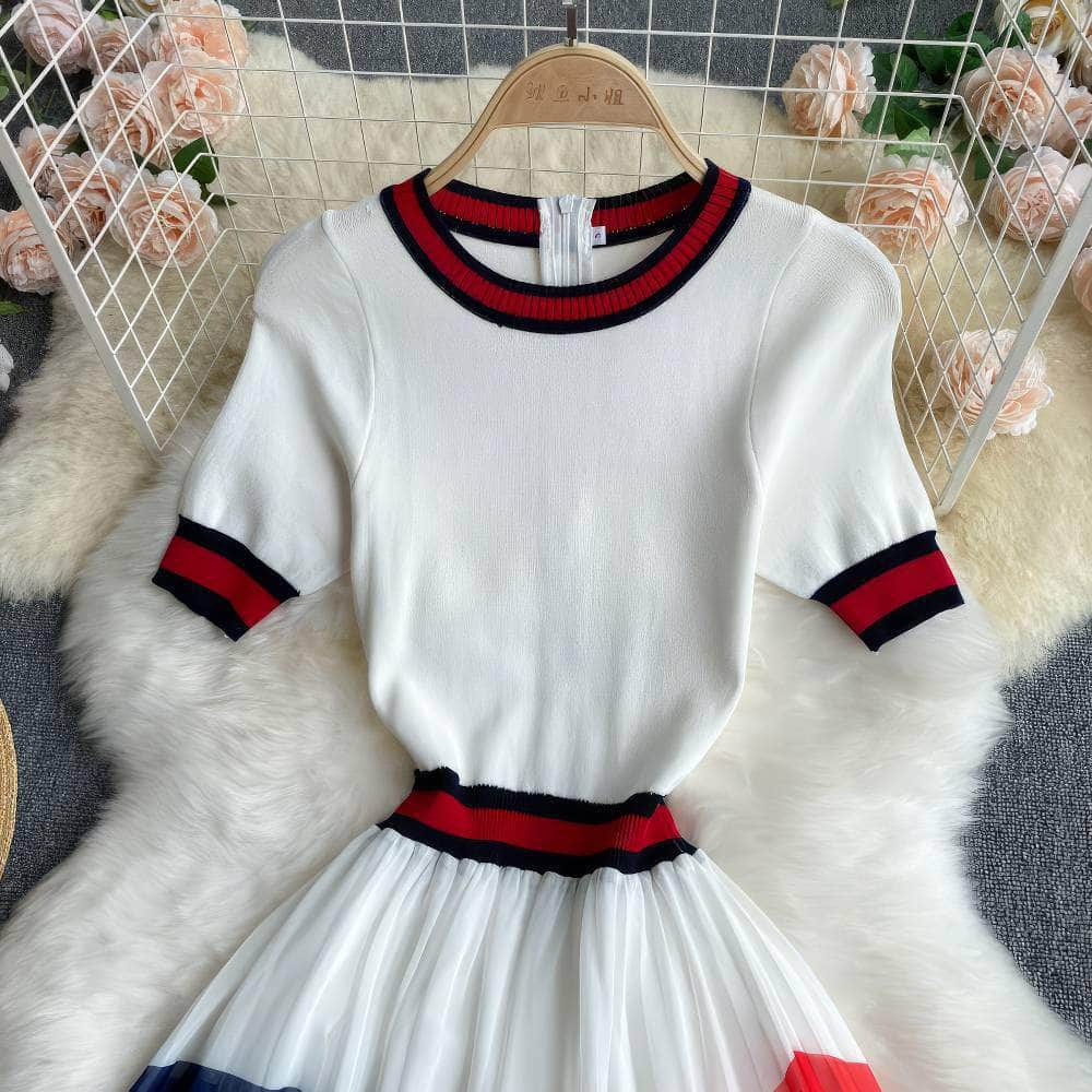 Short Sleeves Knit Top Pleated Chiffon Dress