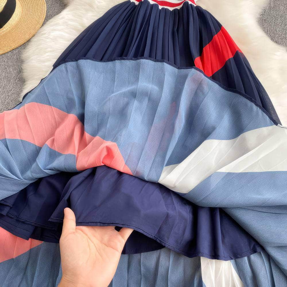 Short Sleeves Knit Top Pleated Chiffon Dress