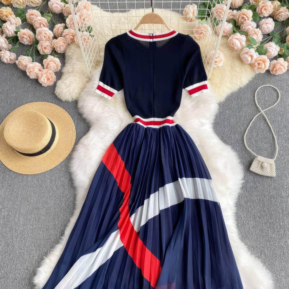 Short Sleeves Knit Top Pleated Chiffon Dress