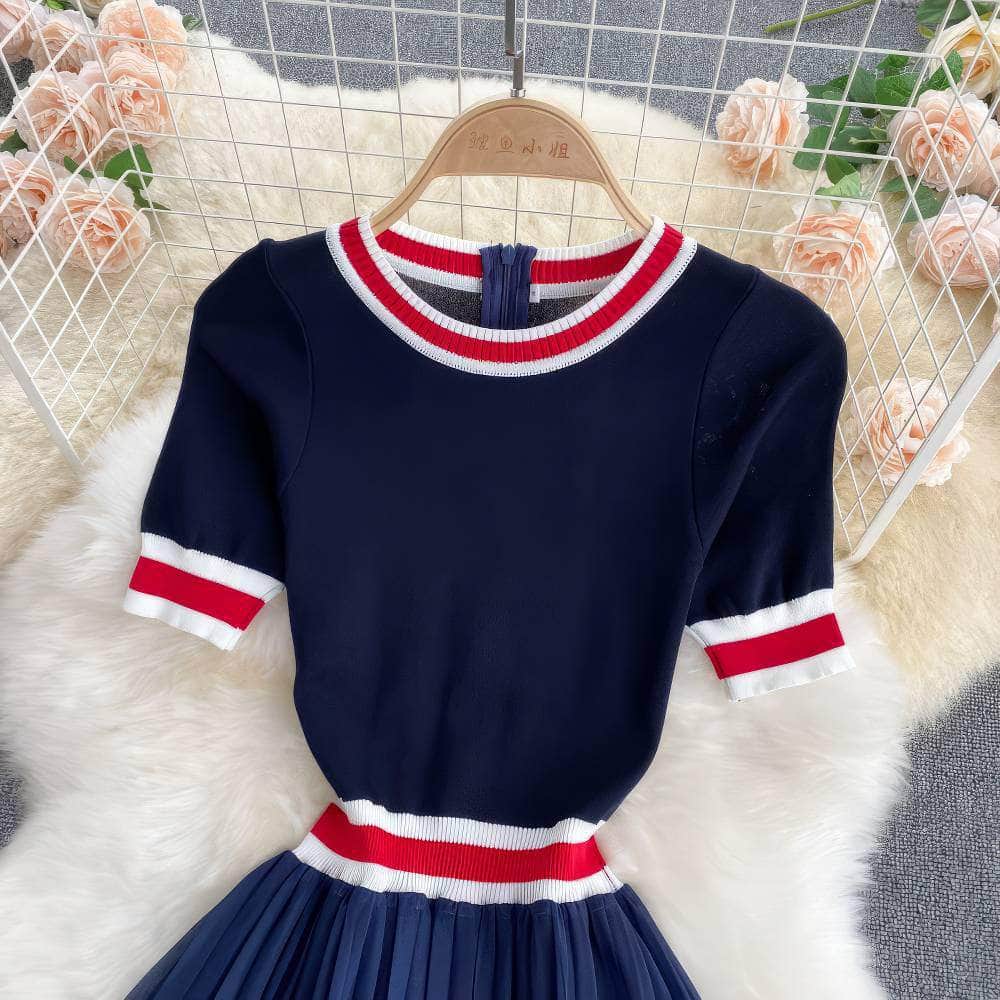 Short Sleeves Knit Top Pleated Chiffon Dress