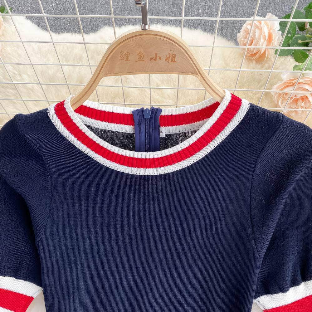 Short Sleeves Knit Top Pleated Chiffon Dress