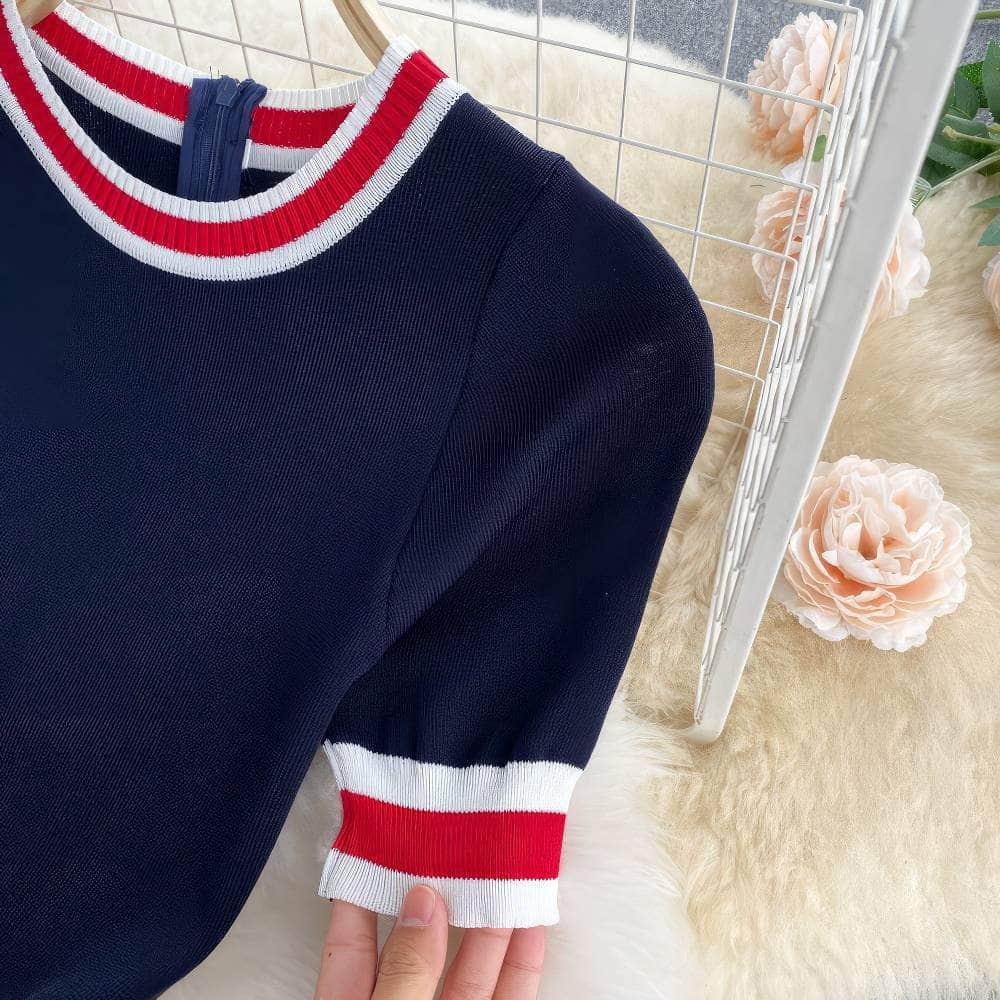 Short Sleeves Knit Top Pleated Chiffon Dress