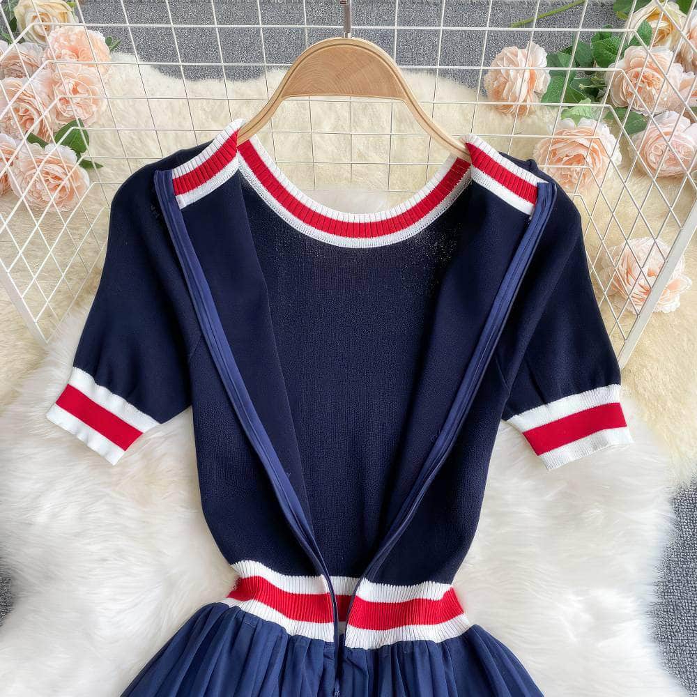 Short Sleeves Knit Top Pleated Chiffon Dress