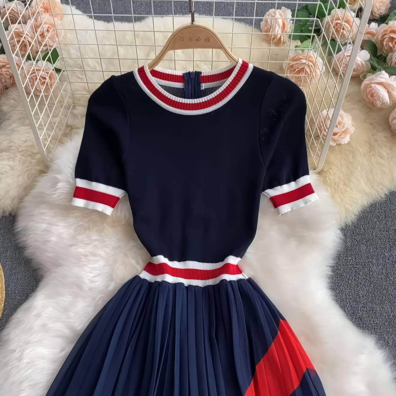 Short Sleeves Knit Top Pleated Chiffon Dress