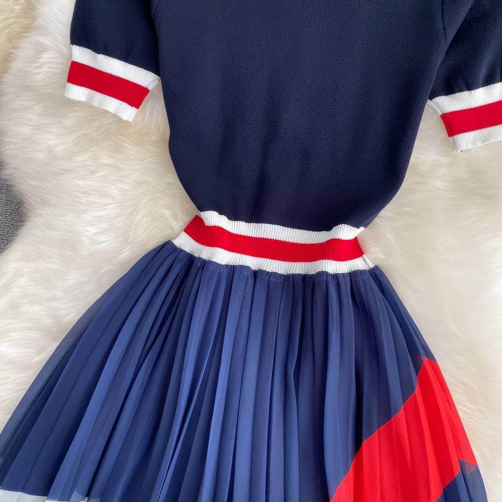 Short Sleeves Knit Top Pleated Chiffon Dress
