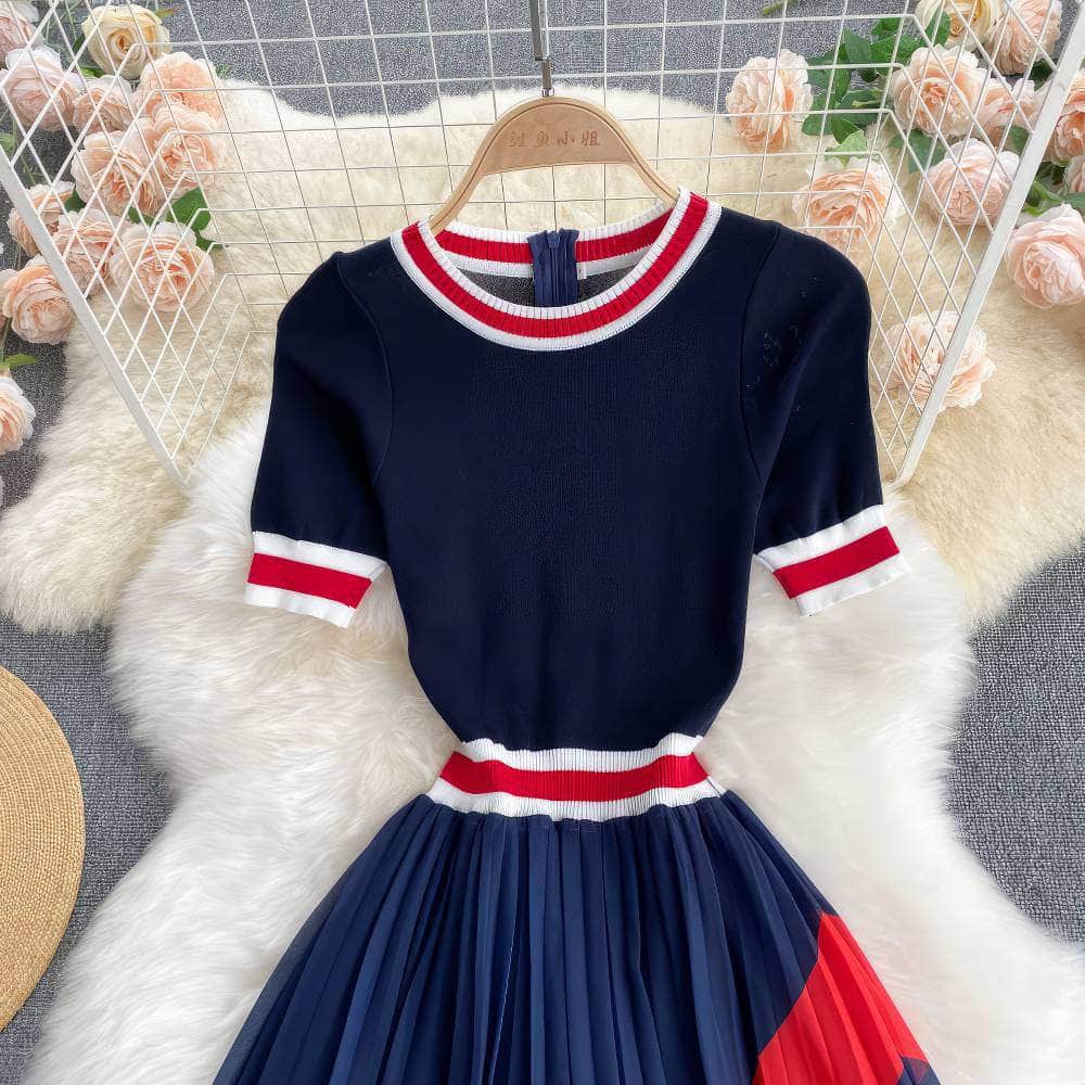Short Sleeves Knit Top Pleated Chiffon Dress
