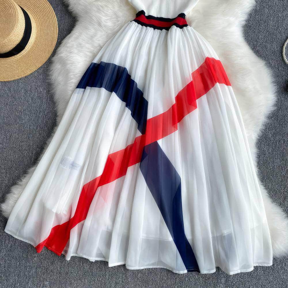 Short Sleeves Knit Top Pleated Chiffon Dress