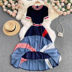 Short Sleeves Knit Top Pleated Chiffon Dress
