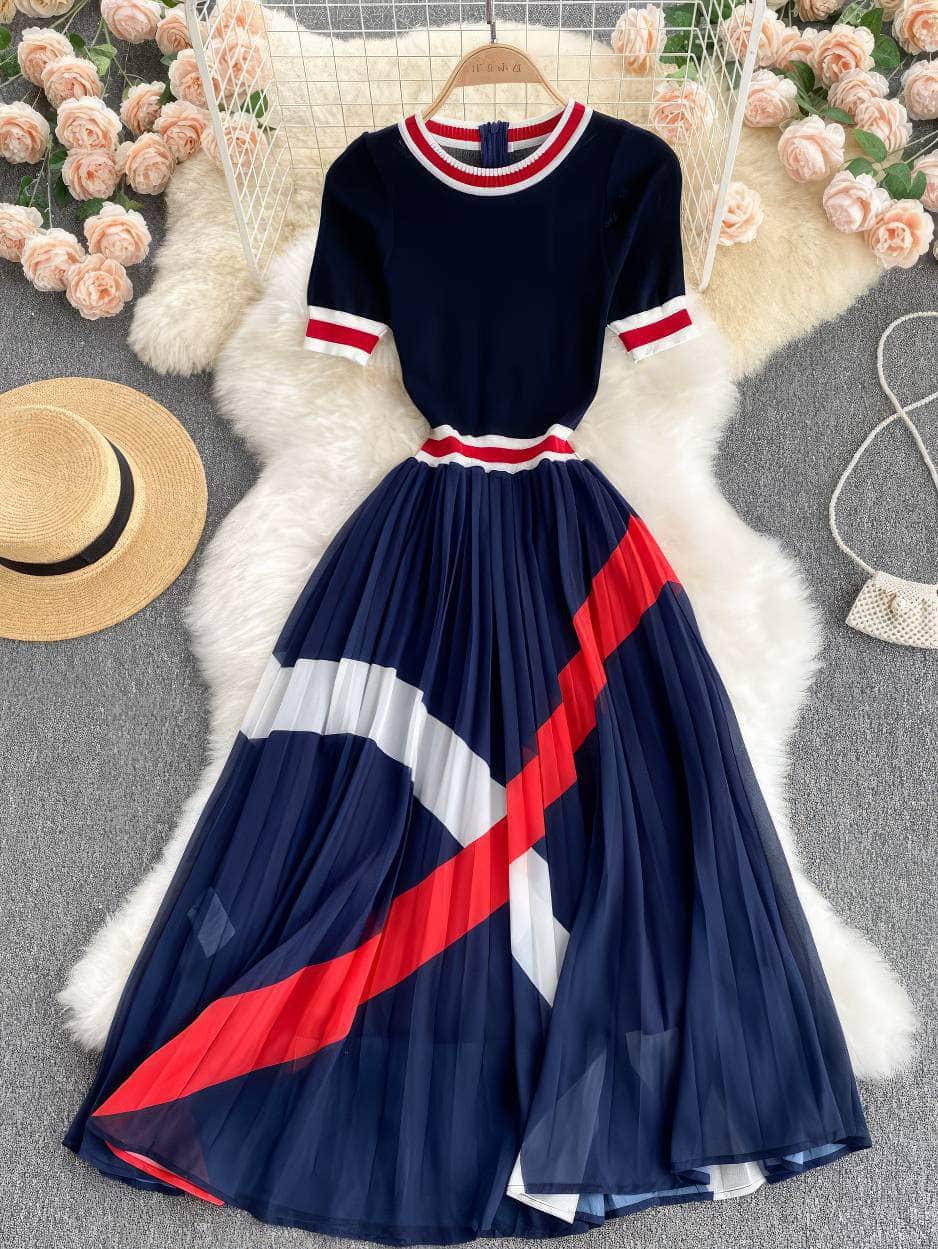 Short Sleeves Knit Top Pleated Chiffon Dress S / Blue