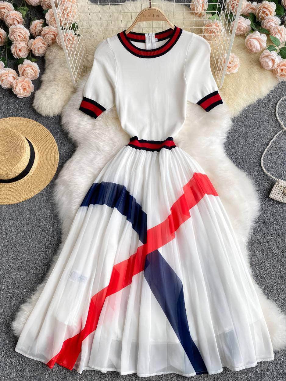 Short Sleeves Knit Top Pleated Chiffon Dress S / White