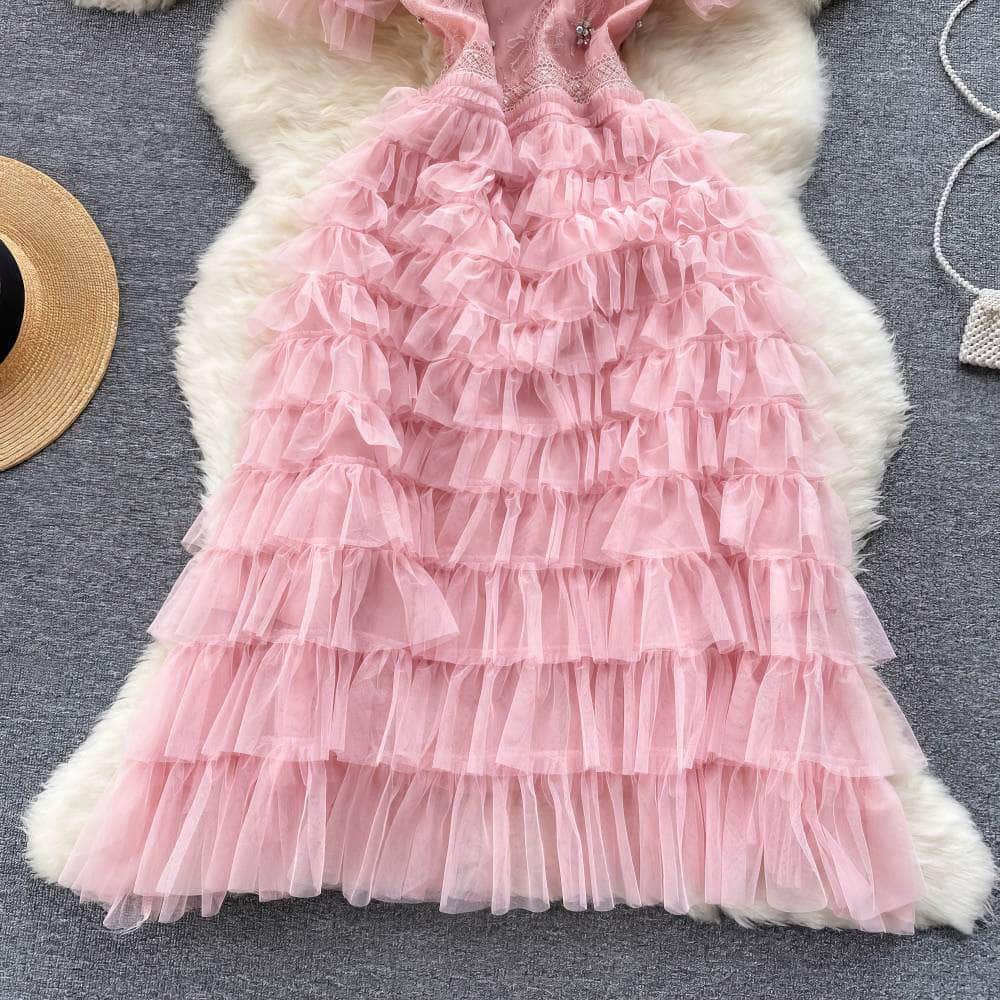 Short Sleeves Mesh Lace Layered Tulle Dress