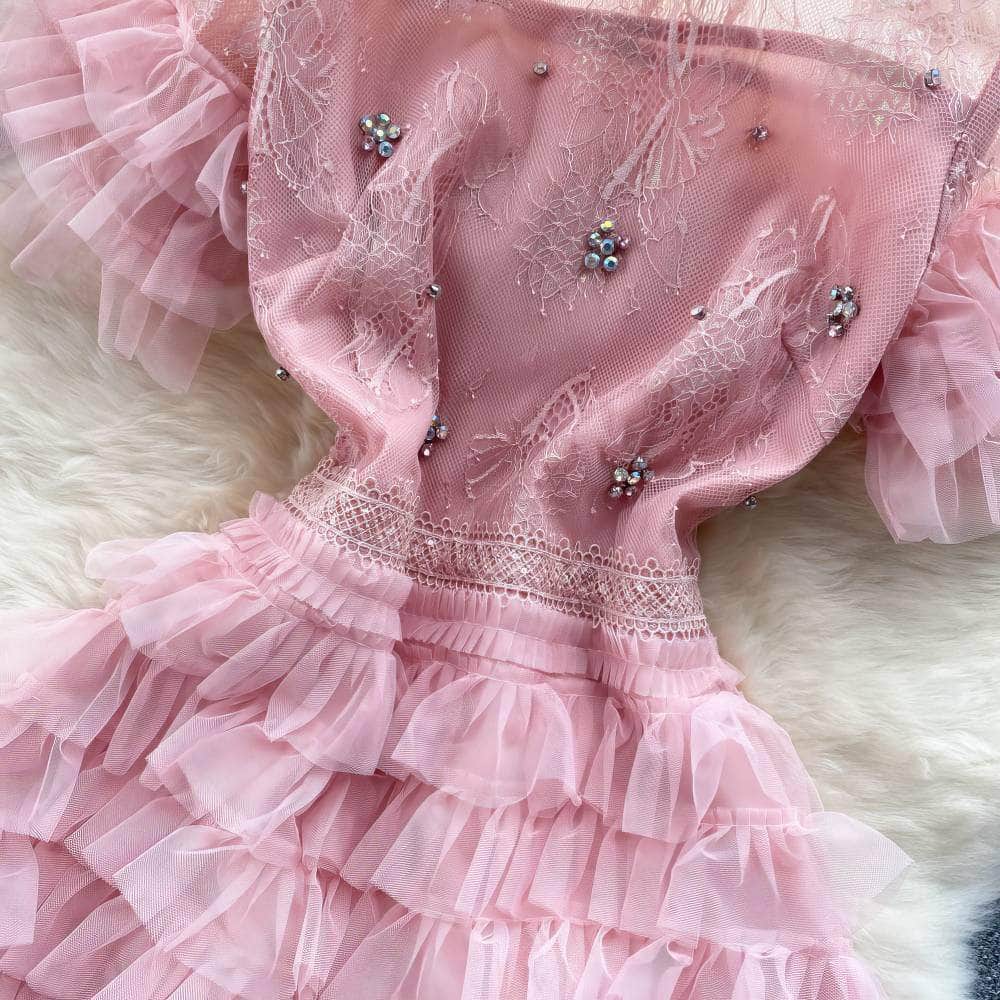 Short Sleeves Mesh Lace Layered Tulle Dress