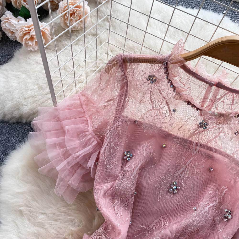 Short Sleeves Mesh Lace Layered Tulle Dress