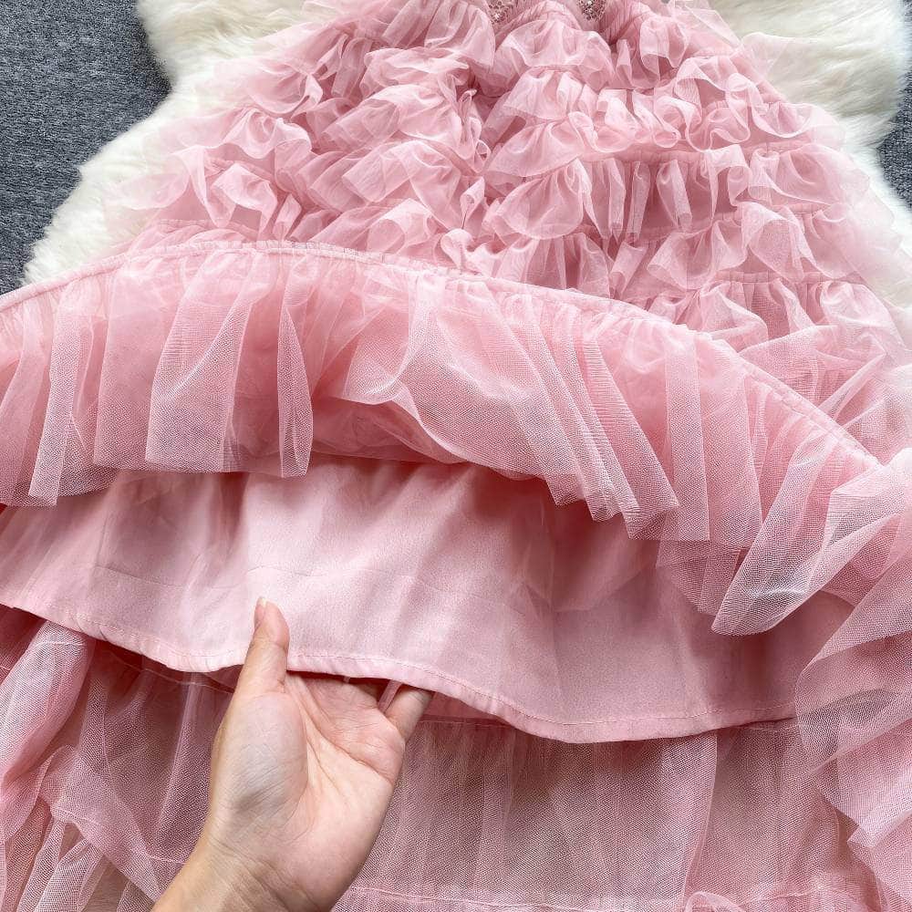 Short Sleeves Mesh Lace Layered Tulle Dress