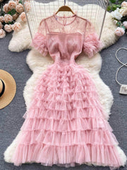 Short Sleeves Mesh Lace Layered Tulle Dress