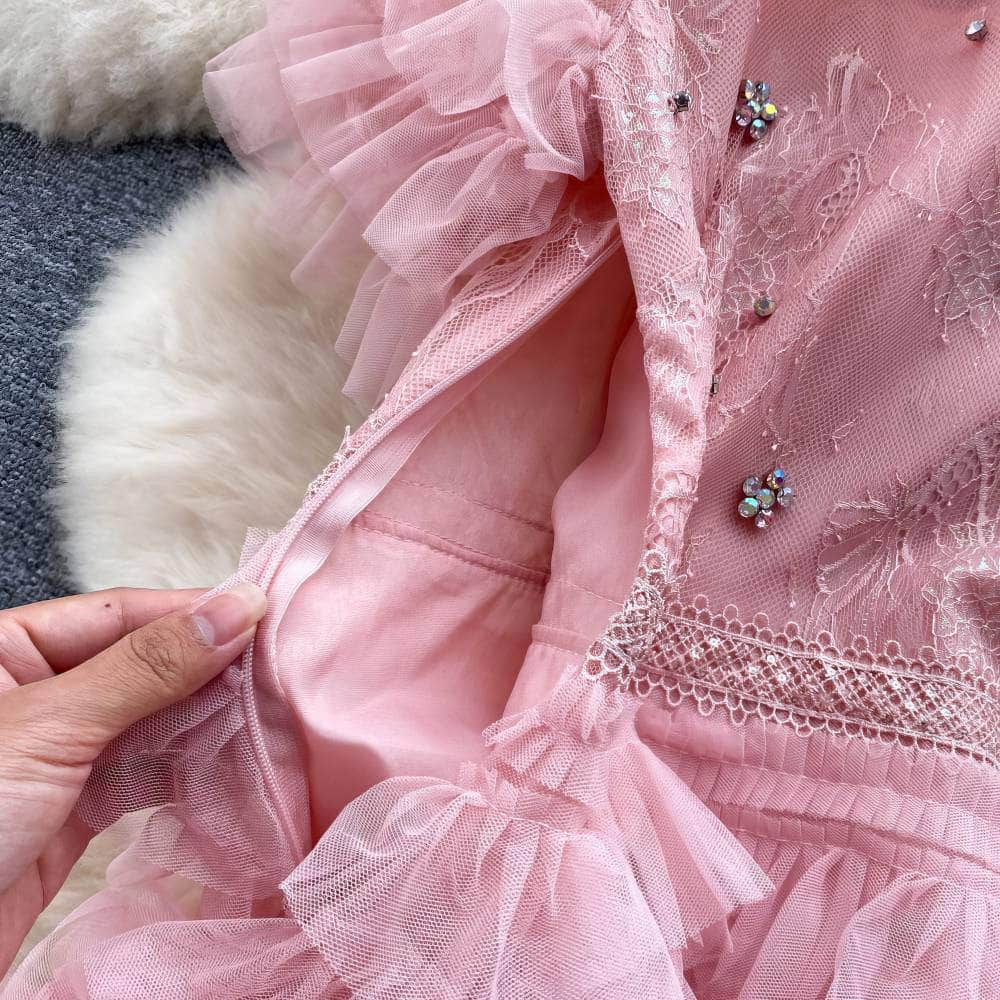 Short Sleeves Mesh Lace Layered Tulle Dress