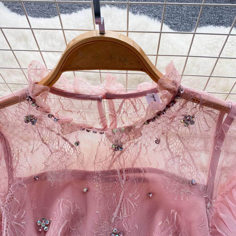 Short Sleeves Mesh Lace Layered Tulle Dress
