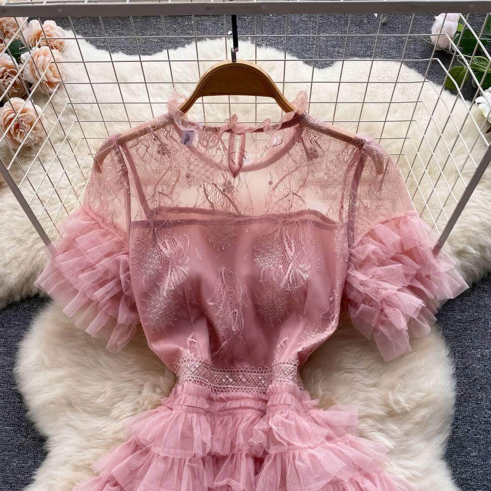Short Sleeves Mesh Lace Layered Tulle Dress