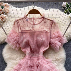 Short Sleeves Mesh Lace Layered Tulle Dress